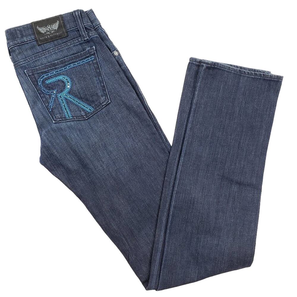 Rock & Republic Jeans Women 28x34 Stella Swarovski Crystal Logo Straight Leg